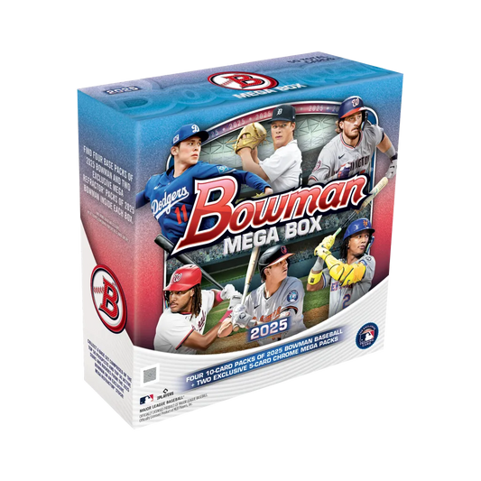 Topps Bowman Baseball 2025 Mega Box englisch mit vier Bowman Packs und zwei exklusiven Mega Chrome Packs