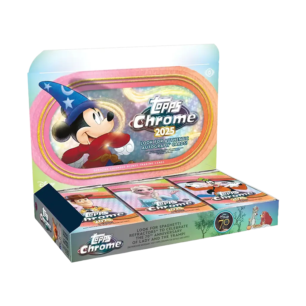 Topps Chrome Disney 2025 Hobby Box mit Autogrammen Refractors und 70th Anniversary Spaghetti Fractor