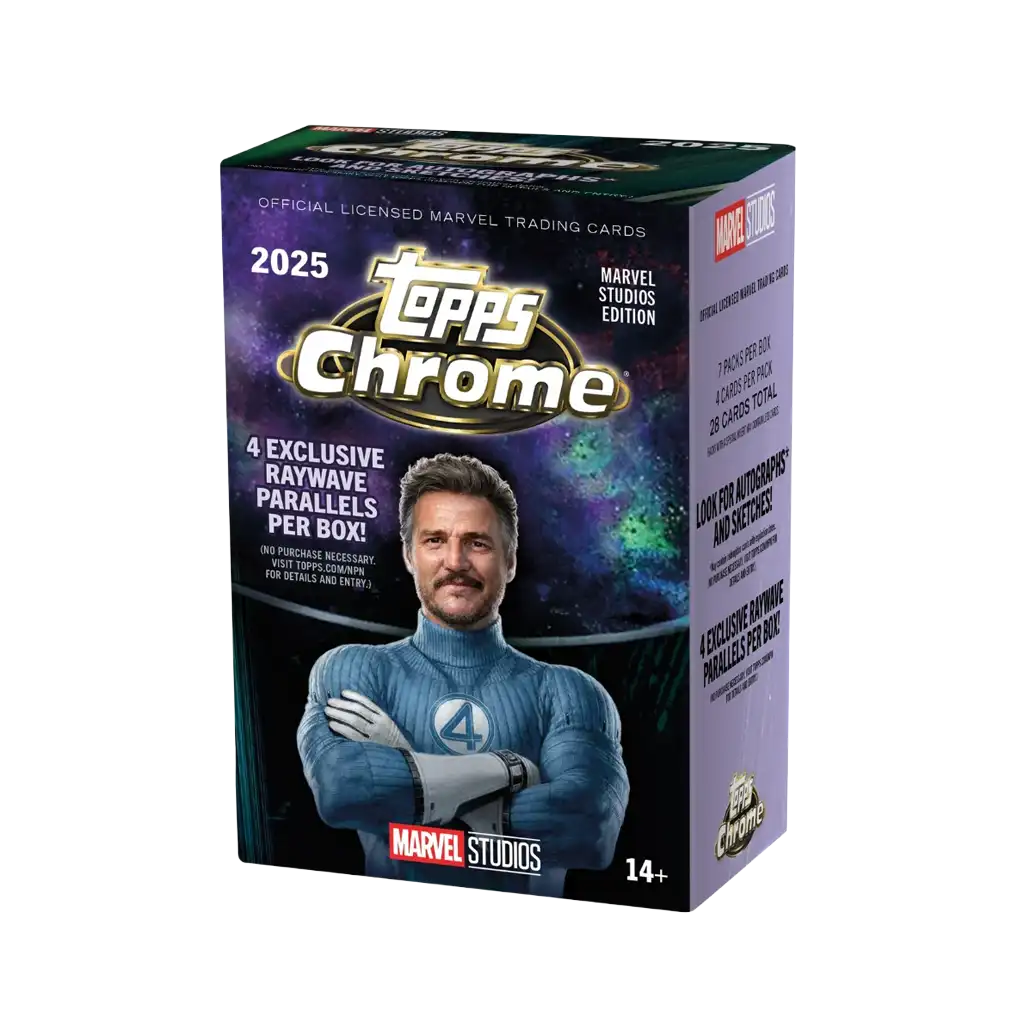 Topps Chrome Marvel Studios 2025/26 Value Box mit 28 Chrome Trading Cards und RayWave Refractor Parallels