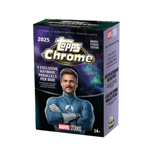 Topps Chrome Marvel Studios 2025/26 Value Box mit 28 Chrome Trading Cards und RayWave Refractor Parallels