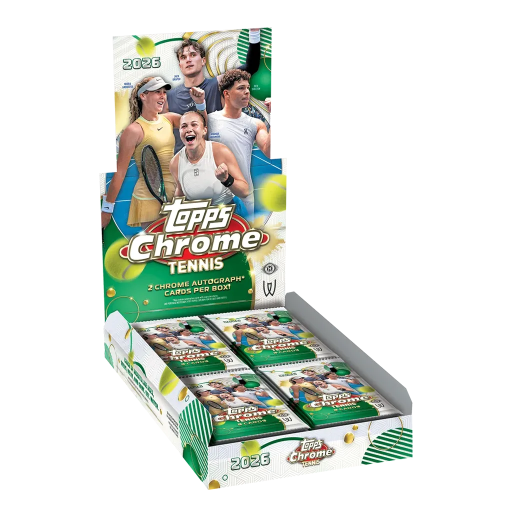 Topps Chrome Tennis 2026 Hobby Box mit 12 Boostern und Tennisspielern auf der Verpackung