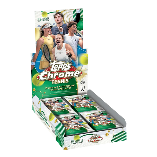Topps Chrome Tennis 2026 Hobby Box mit 12 Boostern und Tennisspielern auf der Verpackung