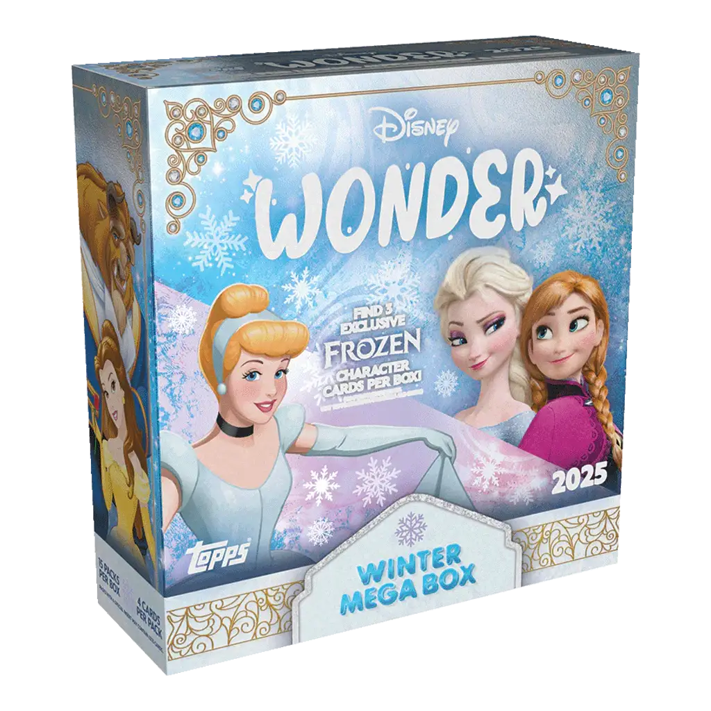 Topps Disney Wonder 2025 Winter Mega Box Englisch mit Frozen Charakterkarten und 15 Packs