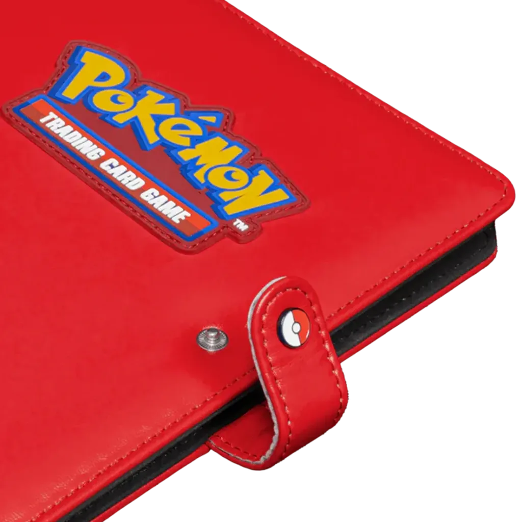 Ultra PRO Pokemon Premium Red 4-Pocket Snap Binder mit Pokemon-Logo und Pokeball-Verschluss im Detail