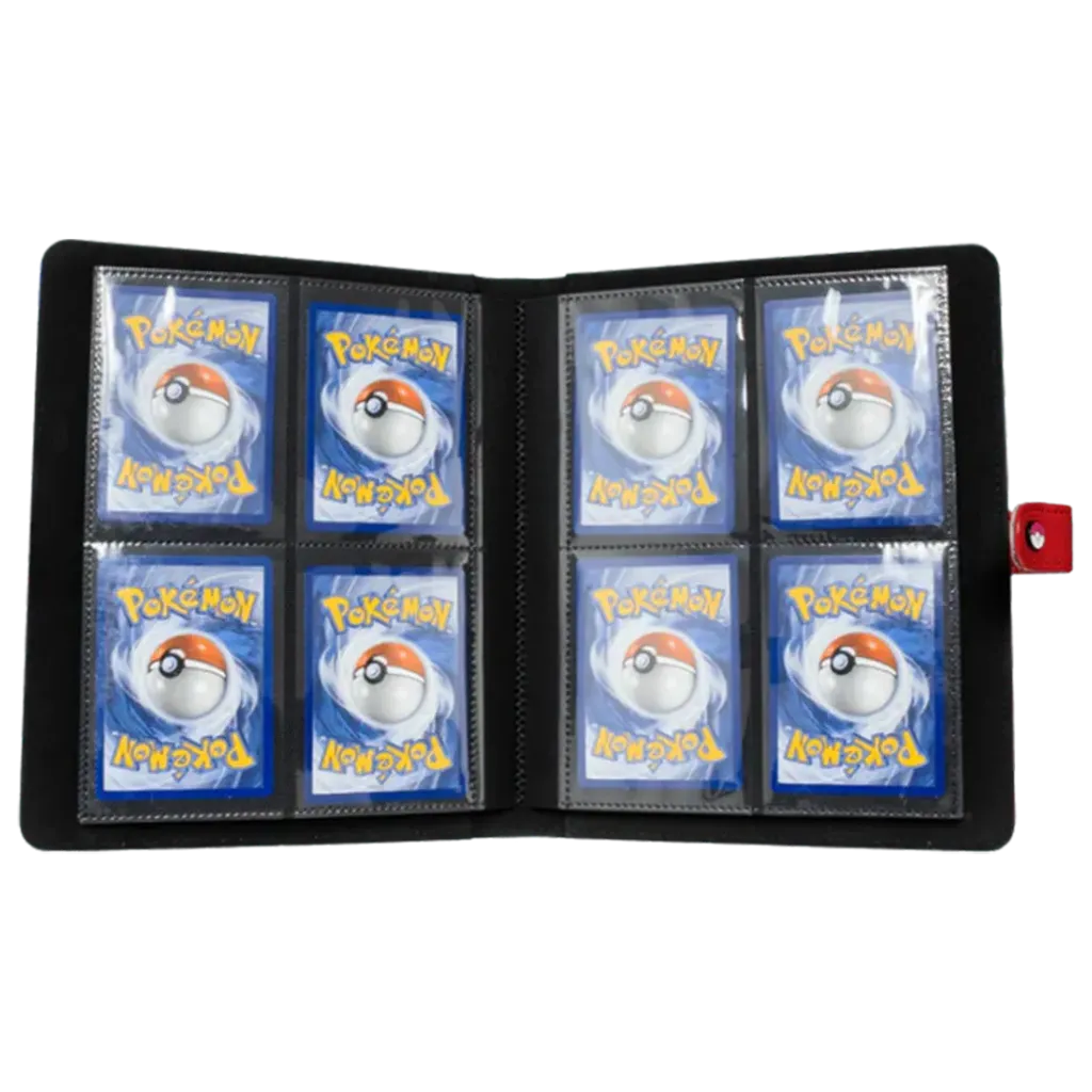 Geöffneter Ultra PRO Pokemon 4-Pocket Snap Binder mit acht sichtbaren Kartenfächern
