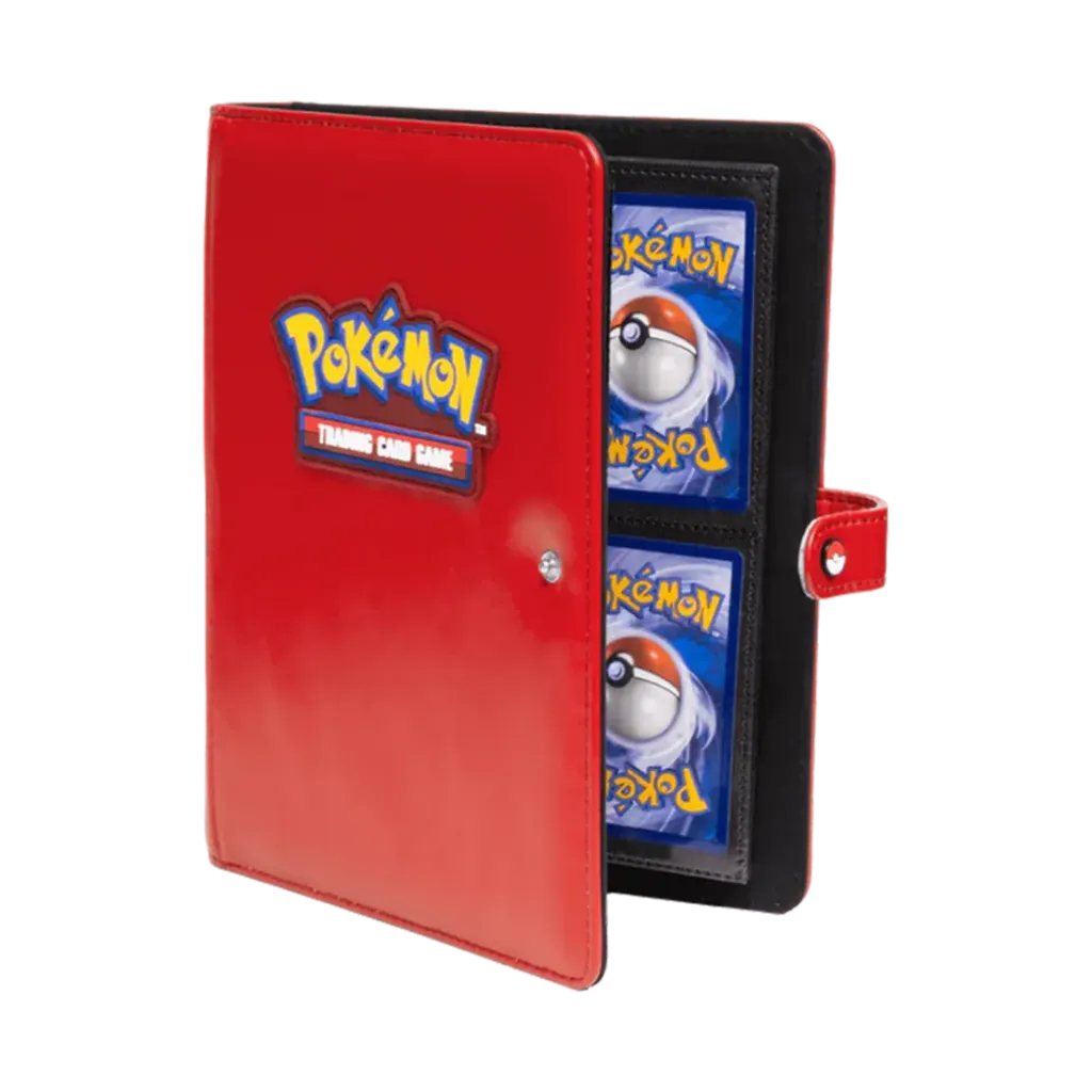 Ultra PRO Pokemon Premium Red Snap Binder halb geöffnet mit seitlichen Kartenfächern