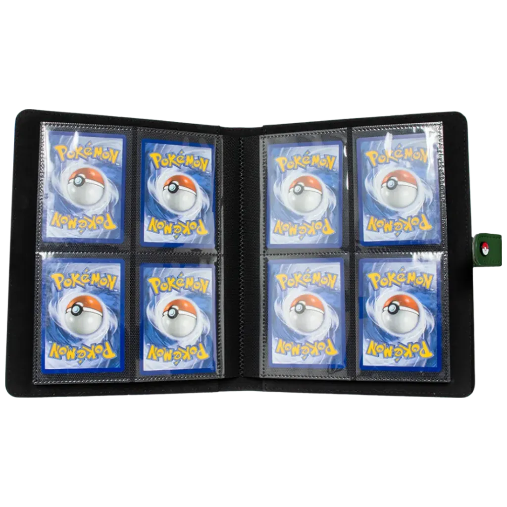 Geöffneter Ultra PRO Pokemon 4-Pocket Snap Binder mit acht sichtbaren Kartenfächern