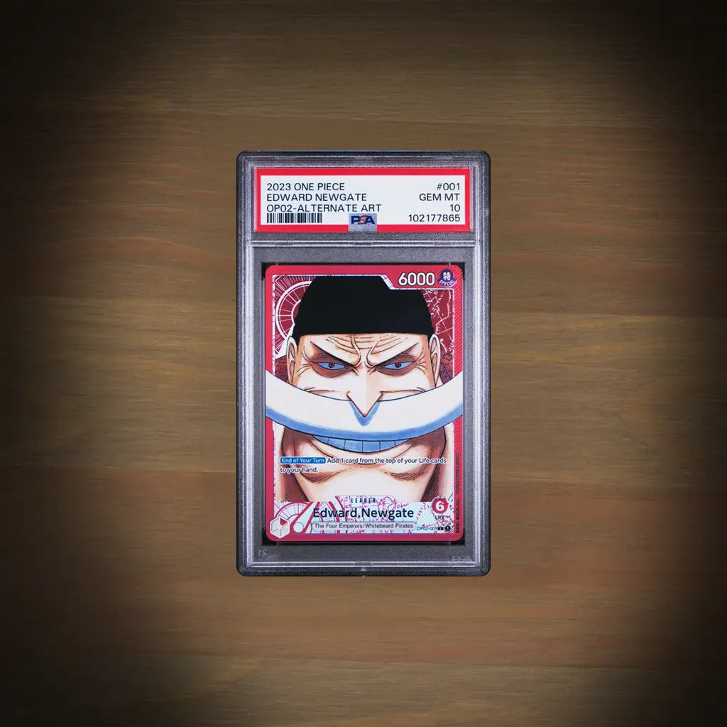 Edward Newgate Whitebeard Leader Alternate Art OP02-001 aus One Piece Paramount War auf Englisch im PSA 10 Gem Mint Grading-Case
