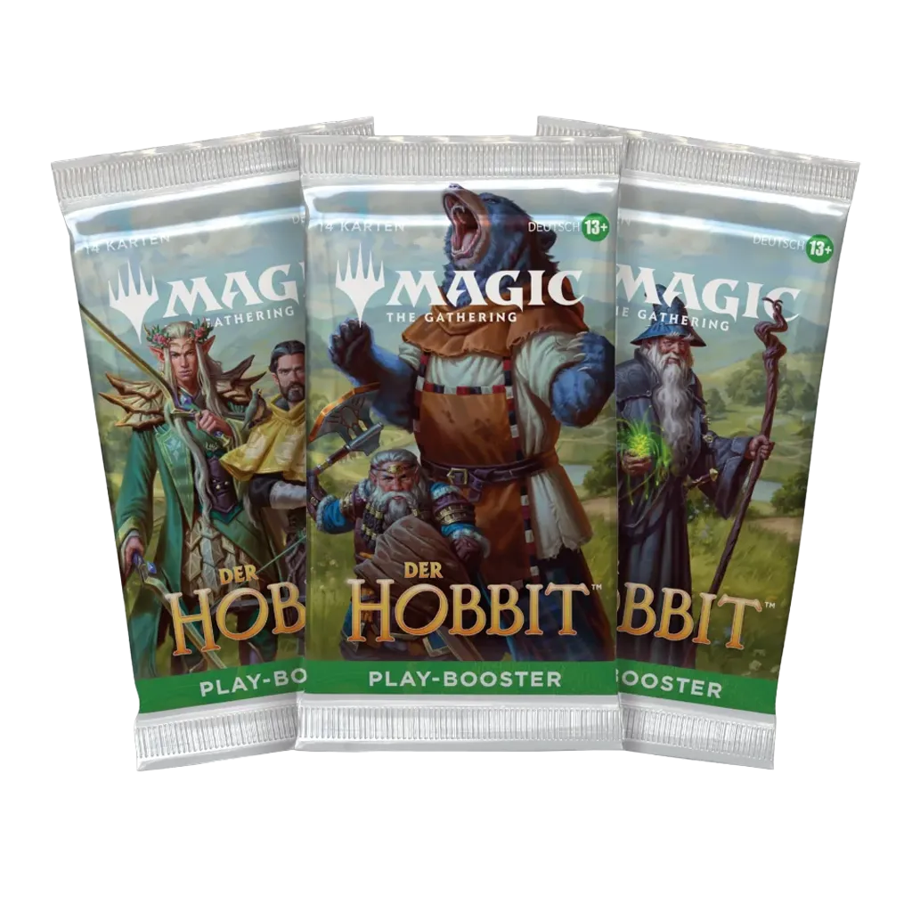 Drei verschiedene Verpackungsmotive des deutschen MTG Der Hobbit Play-Boosters
