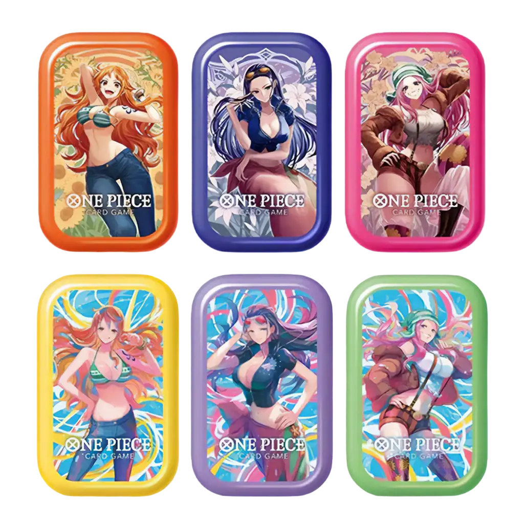 One Piece Card Game Mini Tin Pack Set Vol. 2 TS-02 – sechs japanische Mini-Tins mit unterschiedlichen Charakter-Artworks (Nami, Nico Robin und Jewelry Bonney), farbige Metall-Tins als Sammler- und Aufbewahrungsboxen.
