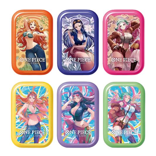 One Piece Card Game Mini Tin Pack Set Vol. 2 TS-02 – sechs japanische Mini-Tins mit unterschiedlichen Charakter-Artworks (Nami, Nico Robin und Jewelry Bonney), farbige Metall-Tins als Sammler- und Aufbewahrungsboxen.