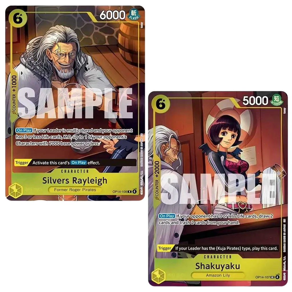 One Piece Illustration Box Vol. 7 Promokarten Silvers Rayleigh OP14-108 und Shakuyaku OP14-107