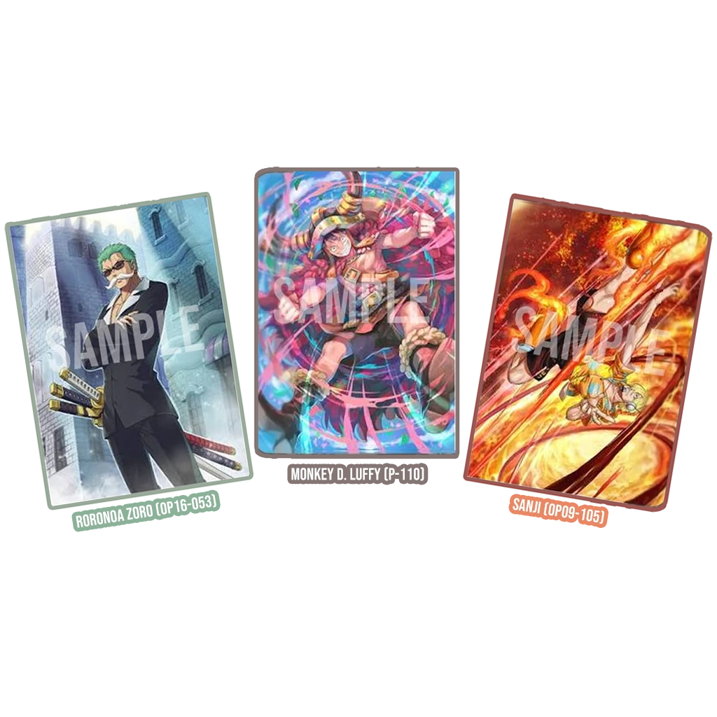 One Piece Card Game V Jump Monster Trio Promo Set JP mit Luffy P-110 Zoro OP16-053 und Sanji OP09-105 vorläufige Artworks