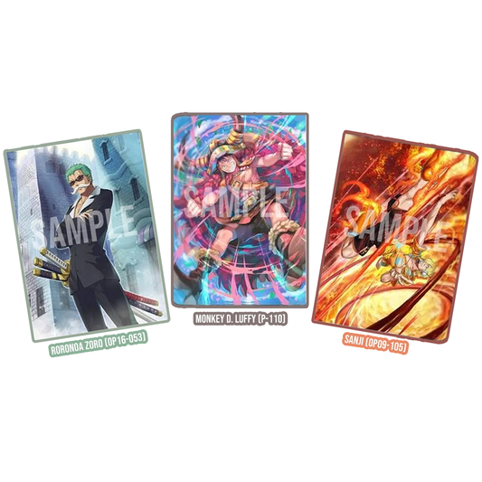 One Piece Card Game V Jump Monster Trio Promo Set JP mit Luffy P-110 Zoro OP16-053 und Sanji OP09-105 vorläufige Artworks