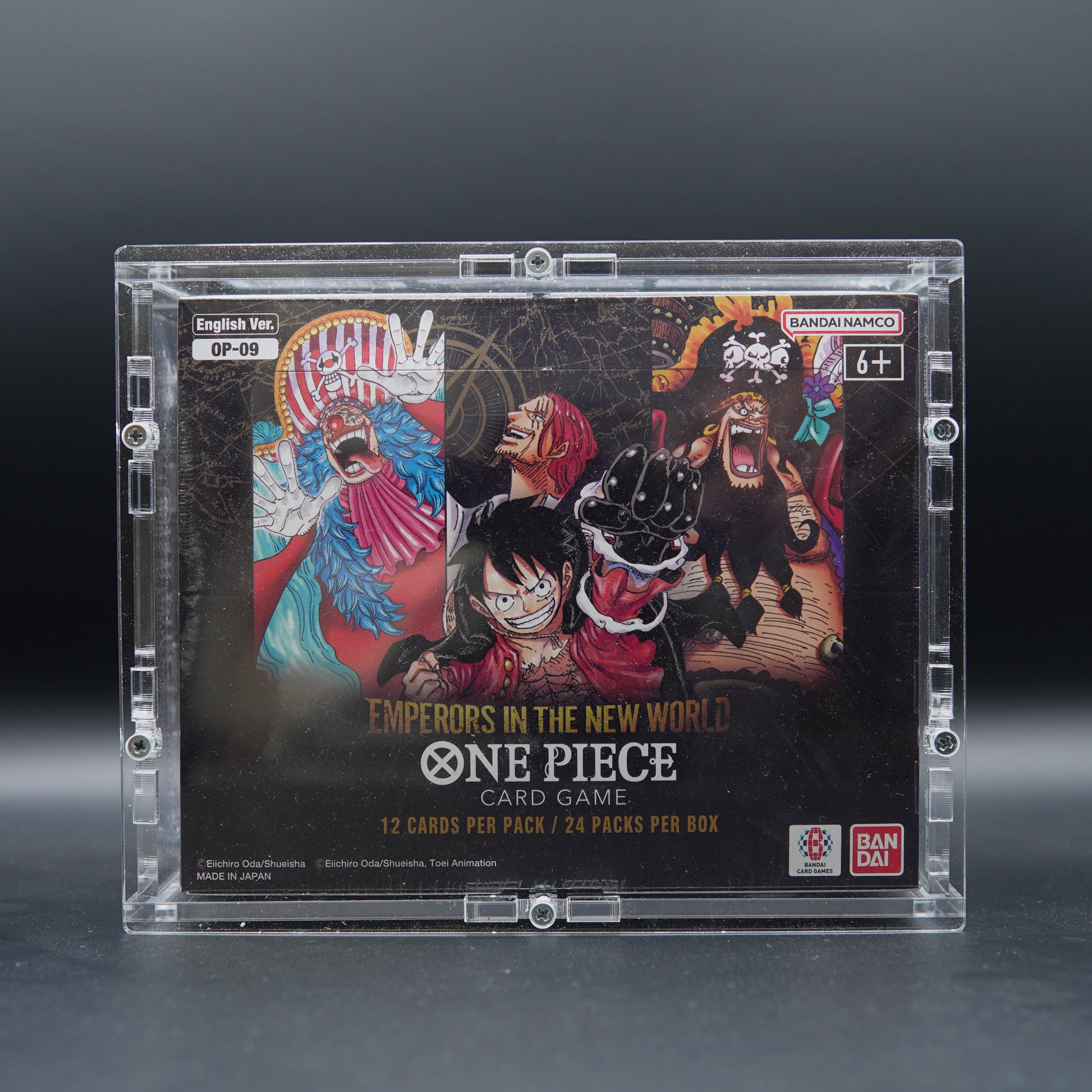 One Piece OP09 Emperors in the New World Booster Display mit Acrylcase Frontansicht