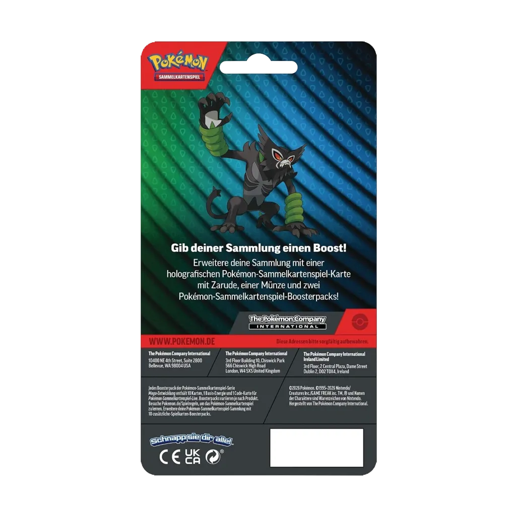Rückseite des deutschen Pokemon Zarude Enhanced 2-Pack Blisters mit Angaben zum Lieferumfang