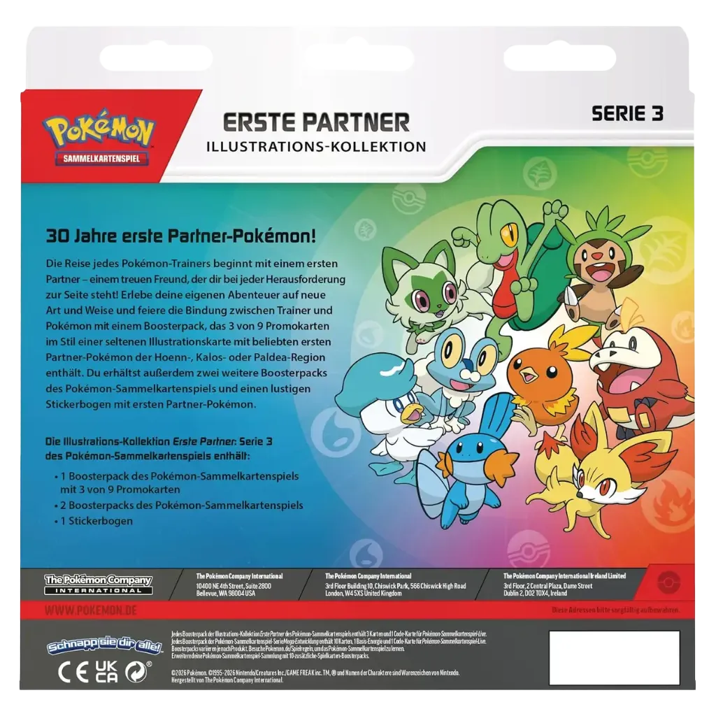 Rückseite der Pokemon Erste Partner Illustrations-Kollektion Serie 3 DE mit Inhalt und Produktinformationen