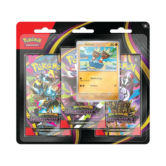 Pokemon Mega-Entwicklung ME05 Dunkelnacht 3-Pack Blister Deutsch mit Bithora Promo und 3 Boostern