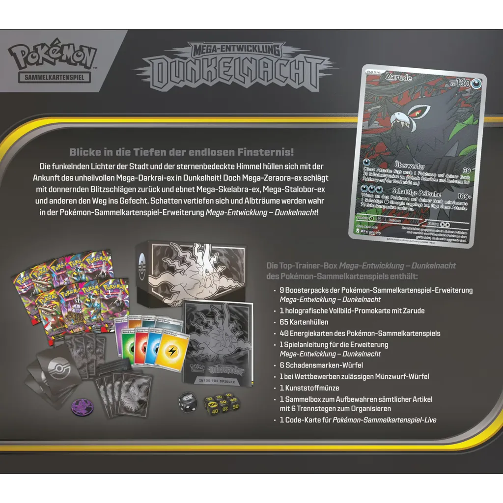 Pokemon Mega-Entwicklung ME05 Dunkelnacht Top-Trainer-Box Rückseite mit Zarude Promo und Inhalt