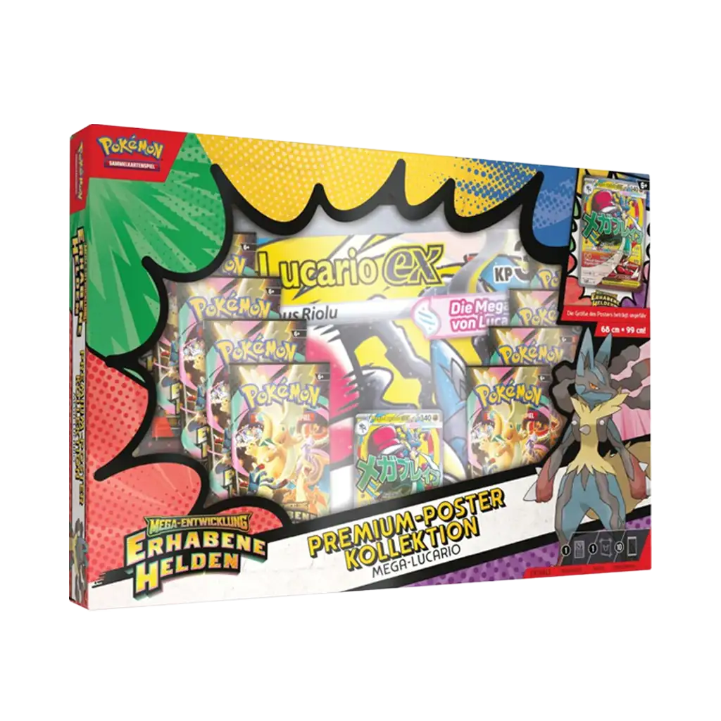Pokemon Mega Entwicklungen Erhabene Helden Premium Poster Kollektion Lucario DE Box Inhalt Booster Promokarte