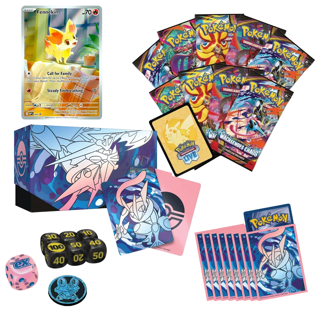 Pokemon Wachsendes Chaos Top Trainer Box Deutsch mit Fynx Promo und Zubehör