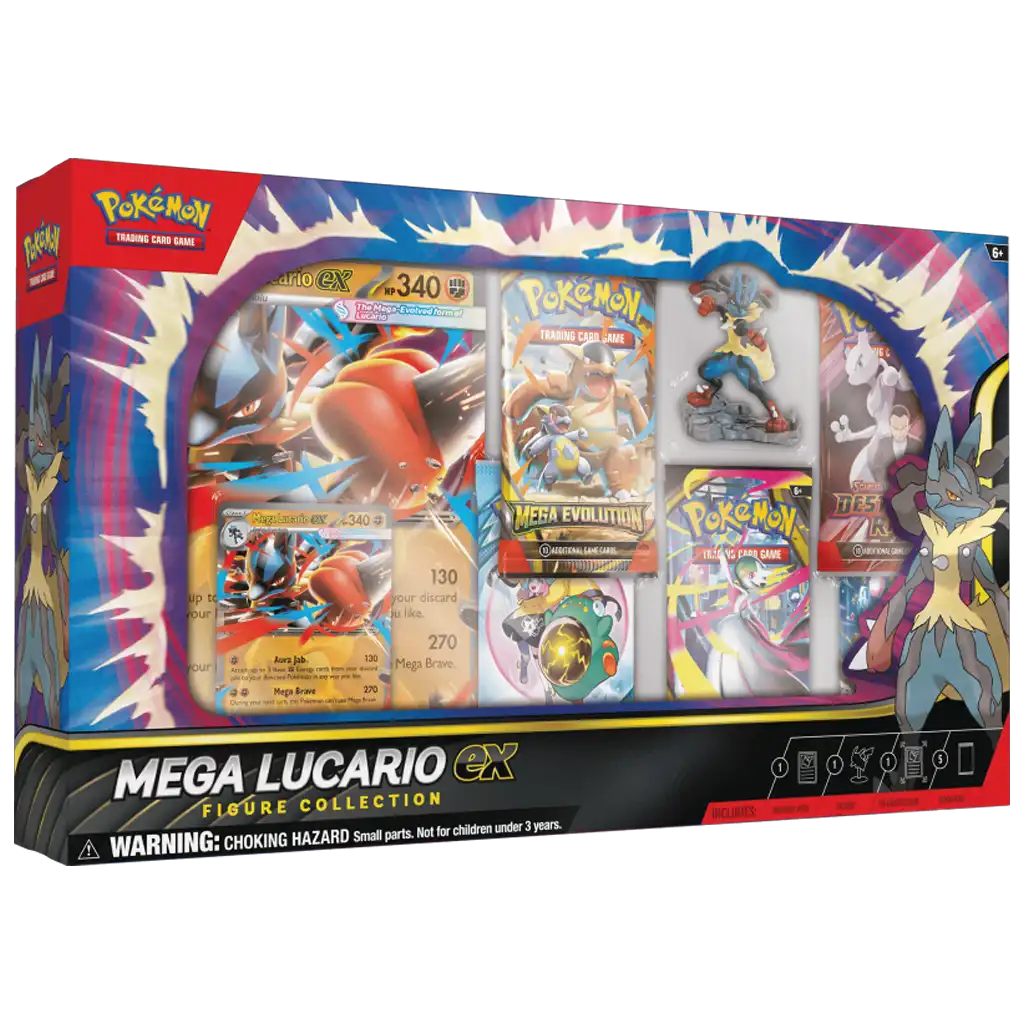 Mega Lucario ex Figure Collection (EN) mit Holo-Promo, Oversize Karte, Figur & 5 Booster Packs – offizielles Pokémon TCG Sammlerset. Release Nov. 2025.