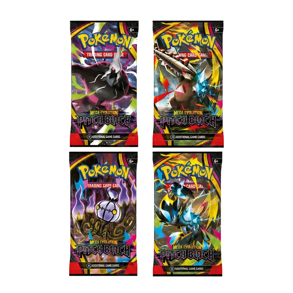 Vier Pokemon Pitch Black Booster-Artworks mit Mega-Darkrai, Mega-Stalobor, Mega-Skelabra und Mega-Zeraora