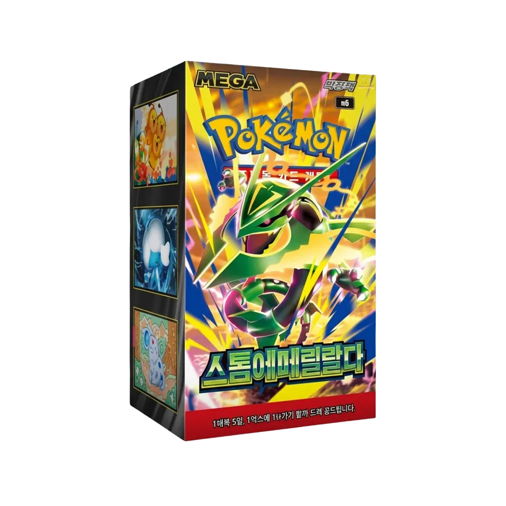 Pokemon Storm Emeralda M6 Booster Display auf Koreanisch mit Mega-Rayquaza, Vorderseite und linke Seitenansicht