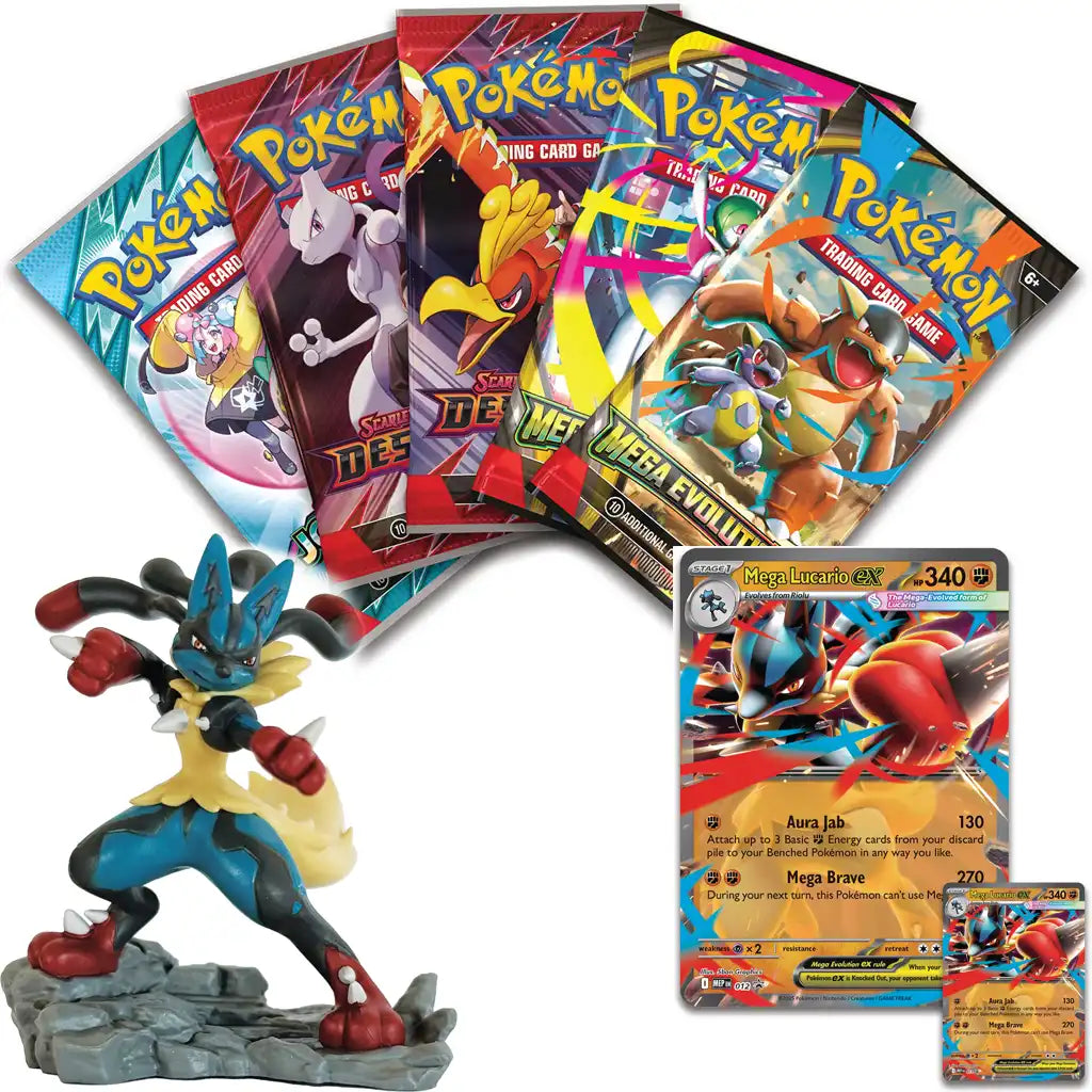 Mega Lucario ex Figure Collection (EN) mit Holo-Promo, Oversize Karte, Figur & 5 Booster Packs – offizielles Pokémon TCG Sammlerset. Release Nov. 2025.