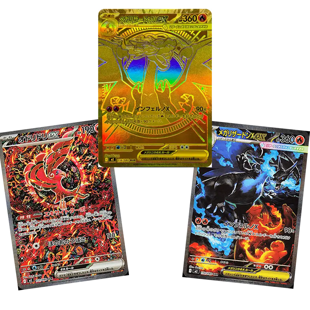Pokémon Inferno X M2 Top Hits – Mega Glurak X-ex, Goldene Glurak-Karte und Mega Glurak X-Artwork aus dem japanischen Set