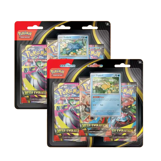 Pokémon Mega Evolution ME01 3-Pack Blister Englisch mit 3 Boostern, Promokarte und Münze mit Enton und Entoron Promo