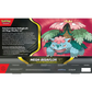 Rückseite der Pokémon Mega-Bisaflor-ex Premium-Kollektion (Deutsch) mit Produktbeschreibung, Mega-Bisaflor-Illustration und Auflistung des Inhalts wie Promo-Karten, Wackelbild, Tech-Sticker und Boosterpacks.