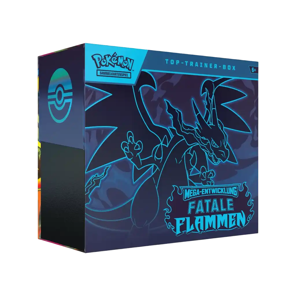 Pokémon Mega-Entwicklung: Fatale Flammen Top-Trainer-Box – deutsch, geschlossen, dunkelblaues Design mit Mega-Glurak-Artwork auf der Vorderseite