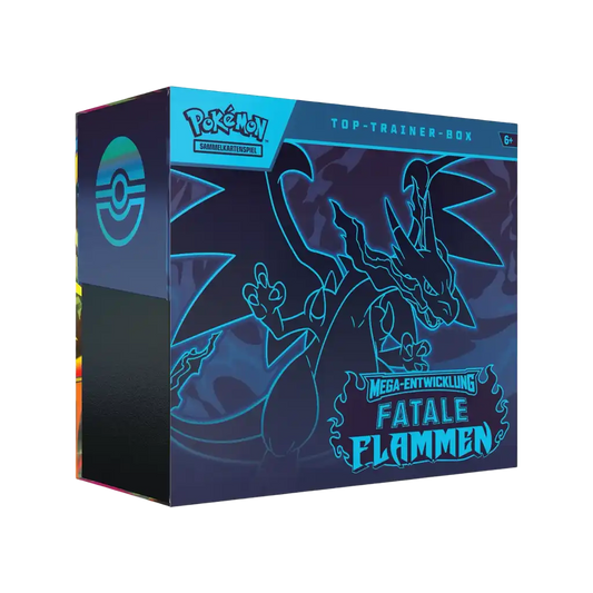 Pokémon Mega-Entwicklung: Fatale Flammen Top-Trainer-Box – deutsch, geschlossen, dunkelblaues Design mit Mega-Glurak-Artwork auf der Vorderseite
