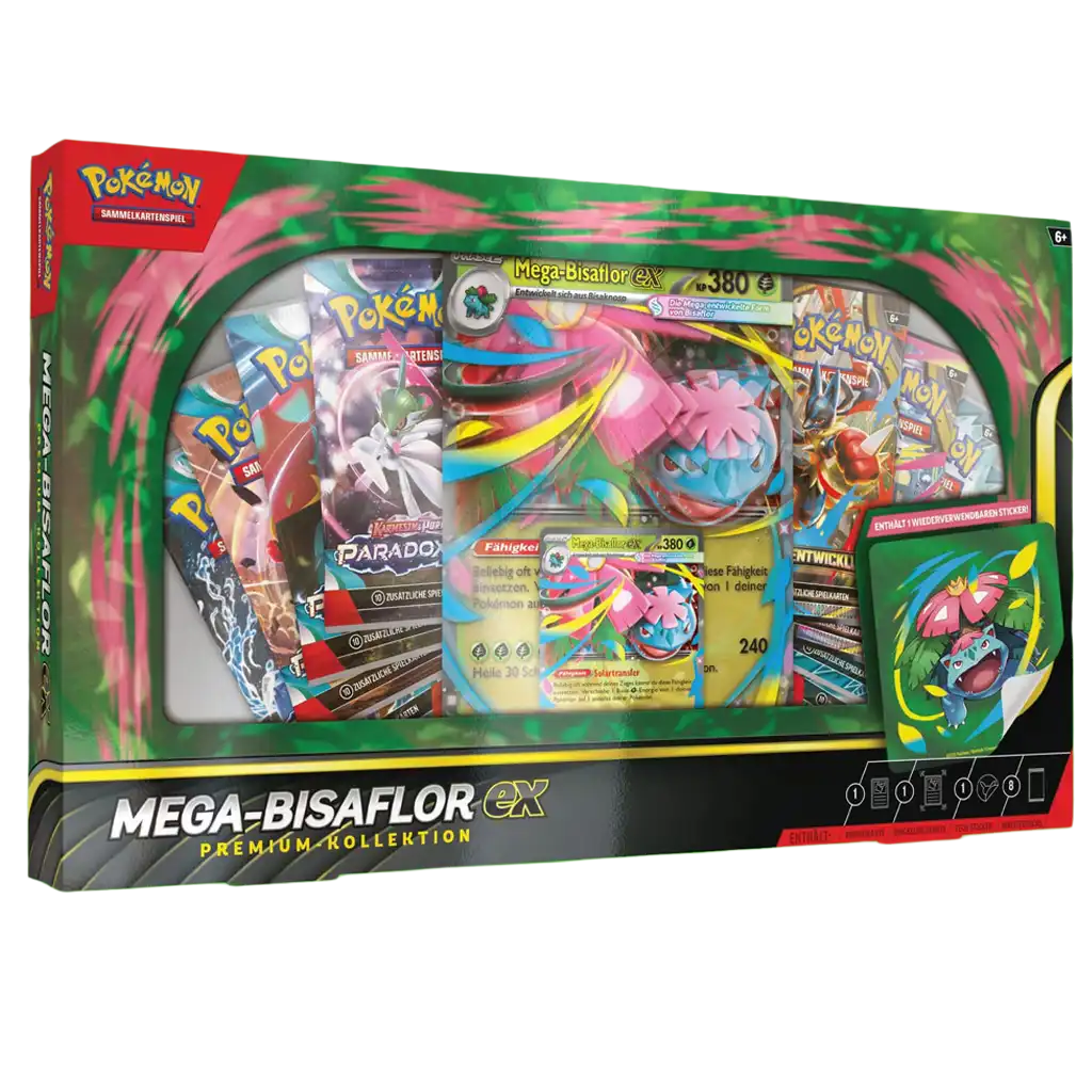 Vorderseite der Pokémon Mega-Bisaflor-ex Premium-Kollektion (Deutsch) mit Mega-Bisaflor-ex Promo-Karte, Jumbo-Wackelbild, Tech-Sticker und mehreren Boosterpacks verschiedener Pokémon-Serien