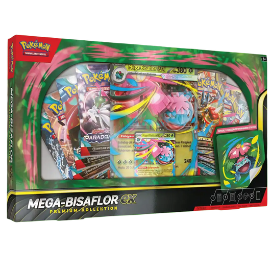 Vorderseite der Pokémon Mega-Bisaflor-ex Premium-Kollektion (Deutsch) mit Mega-Bisaflor-ex Promo-Karte, Jumbo-Wackelbild, Tech-Sticker und mehreren Boosterpacks verschiedener Pokémon-Serien
