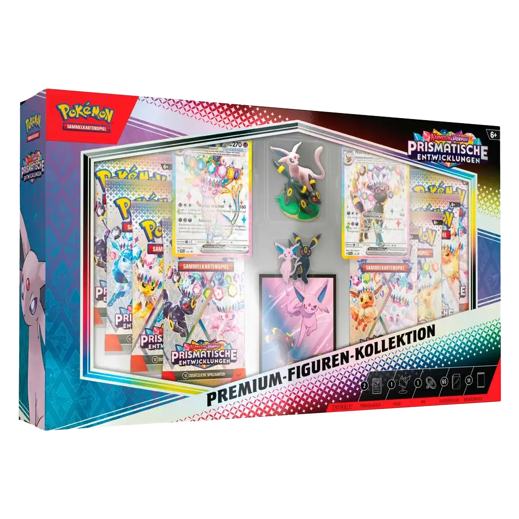 Pokémon Karmesin & Purpur 8.5 Prismatische Entwicklungen Premium-Figuren-Kollektion Psiana & Nachtara Deutsch mit 11 Boostern, 2 Promo-Karten, Figur & Pin.