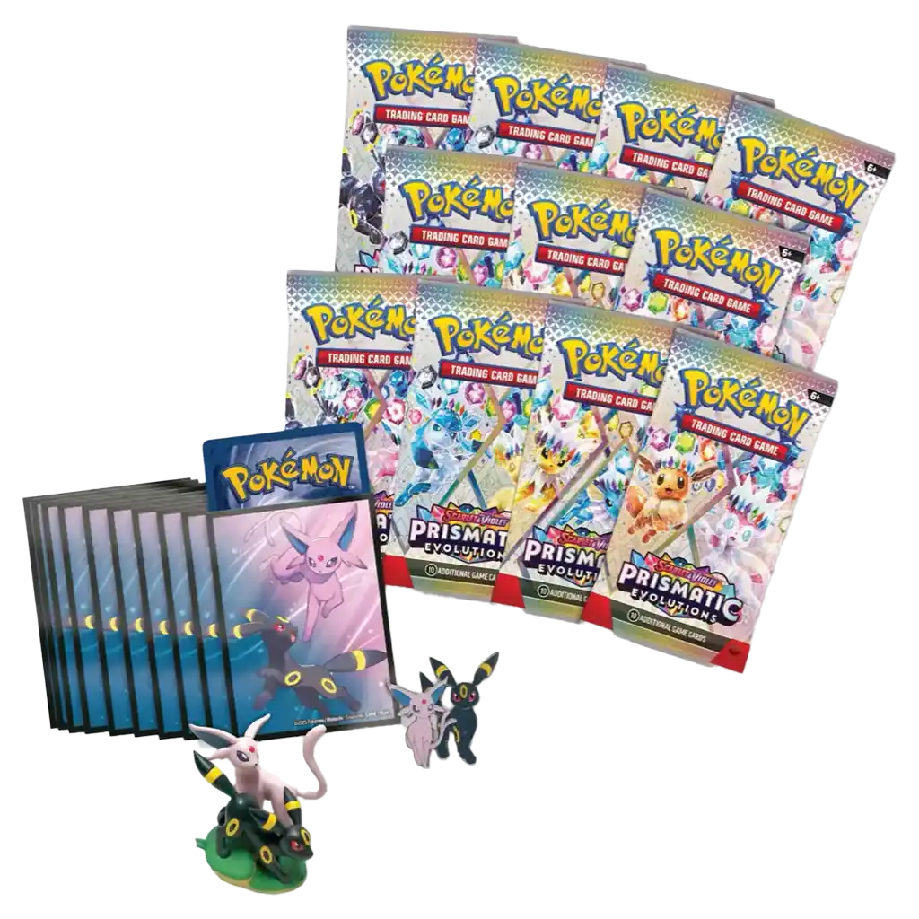 Pokémon Karmesin & Purpur 8.5 Prismatische Entwicklungen Premium-Figuren-Kollektion Psiana & Nachtara Deutsch mit 11 Boostern, 2 Promo-Karten, Figur & Pin.