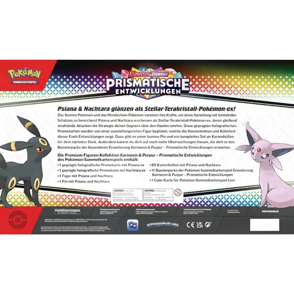 Pokémon Karmesin & Purpur 8.5 Prismatische Entwicklungen Premium-Figuren-Kollektion Psiana & Nachtara Deutsch mit 11 Boostern, 2 Promo-Karten, Figur & Pin.
