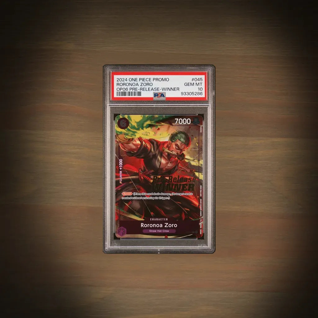 Roronoa Zoro P-045 OP06 Pre-Release Winner Promo auf Englisch im PSA 10 Gem Mint Grading-Case
