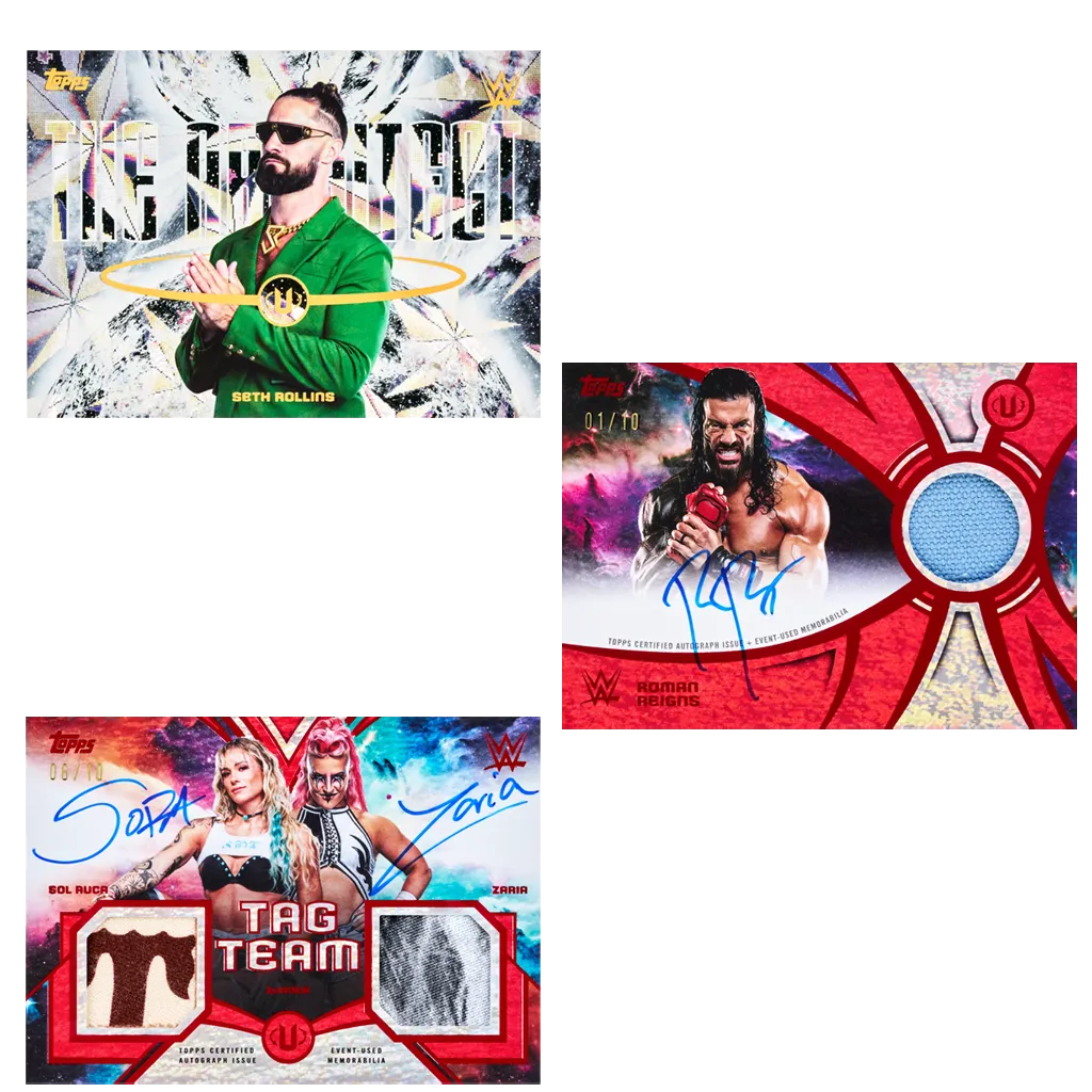 Seth Rollins Roman Reigns Sol Ruca und Zaria Karten aus Topps 2026 WWE Universe