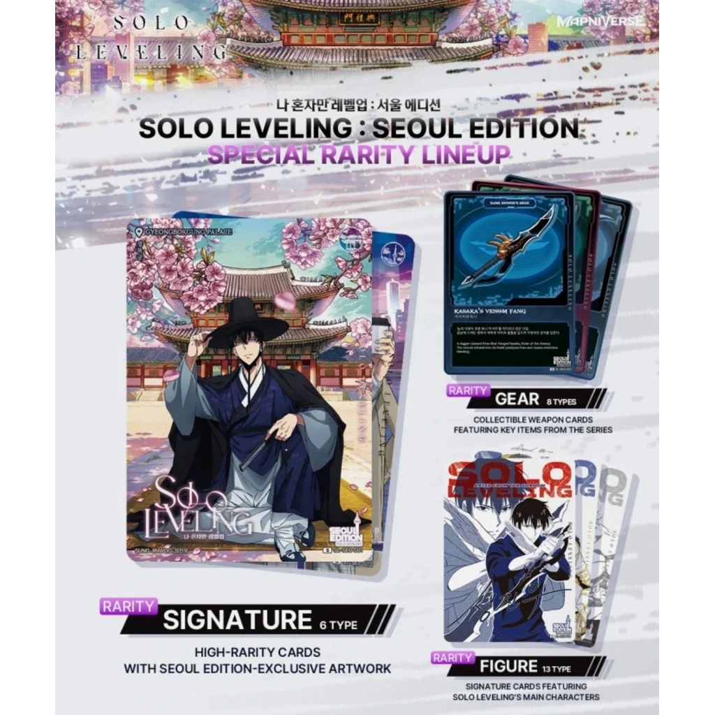 Solo Leveling Seoul Edition Kartenübersicht mit Signature-, Gear- und Figure-Raritäten
