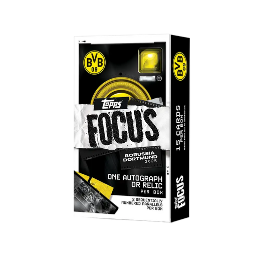 Topps Focus Borussia Dortmund 2025 Trading Cards Box mit 15 Karten und garantiertem Autogramm oder Relic