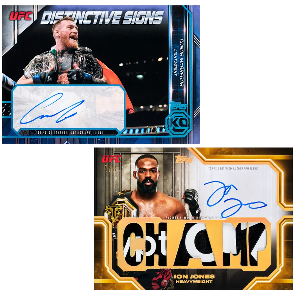 Topps Knockout UFC 2026 Autogrammkarten von Conor McGregor und Jon Jones mit Champion Relic Patch